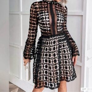 Eilly Bazar Mock Neck, Flounce Sleeves, Lace, Mesh Insert Dress